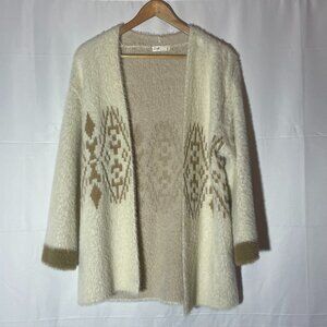 Ruelle Women's Fuzzy Neutral Southwestern Aztec Print Open Cardigan Size S/M